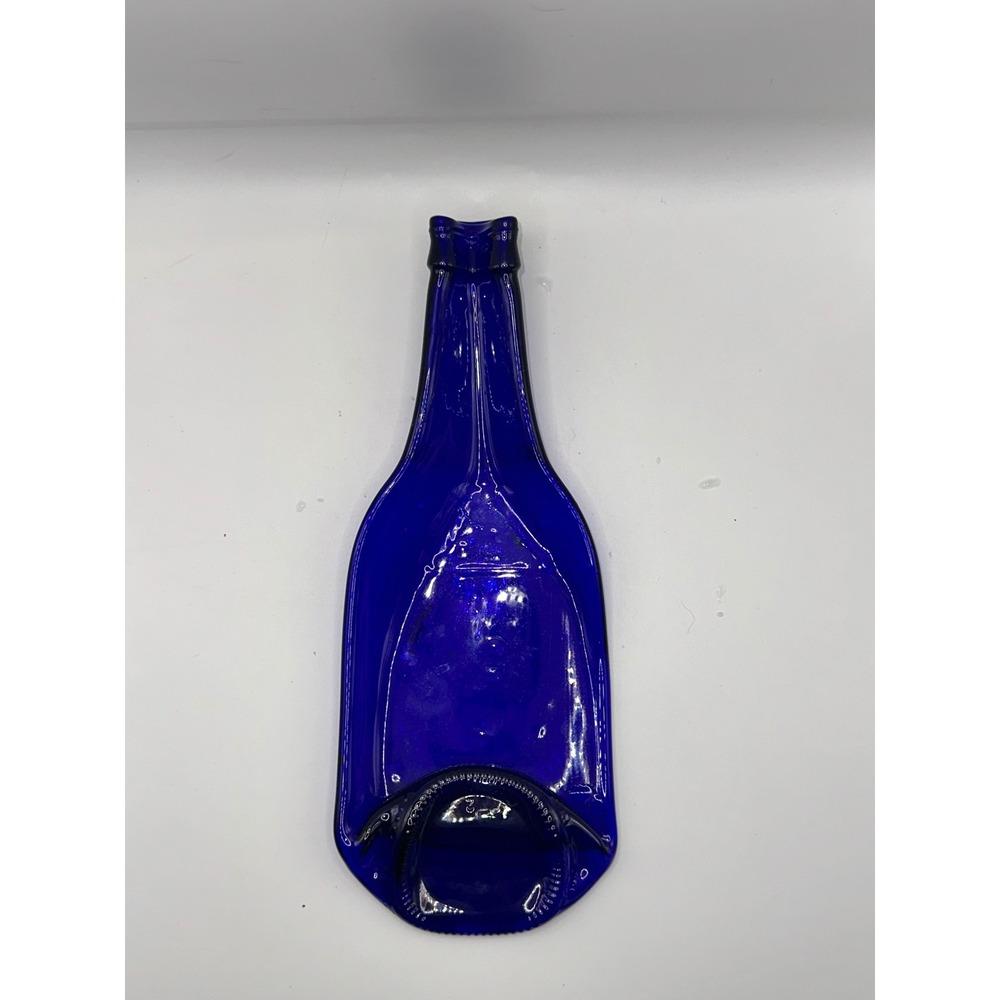Cobalt Blue Flattened Wine Bottle Spoon Rest Upcycled Glass Melted Bottle Tray